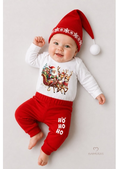 Babyden's Bebek Yılbaşı Noel Kıyafeti 3 Lü Takım,noel Baskılı Uzun Kollu Body ,kırmızı Pantolon,ponponlu Şapka Unisex Kırmızı - Beyaz