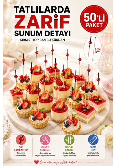 50 Li Paket Kırmızı Top Siyah Bambu Kürdan 9 Cm Kokteyl, Kanepe Ve Tatlı Sunum Kürdanı