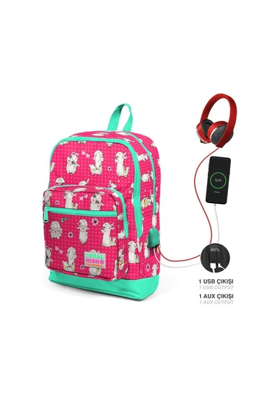 Neon Mercan Su Yeşili Alpaka Desenli Coral High Kids Usb'li 3 Lü Okul Çanta Seti Goset0123268