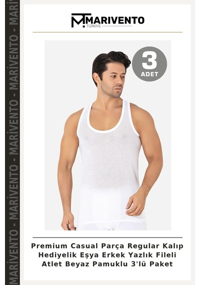 Marivento Premium Casual Parça Regular Kalıp Hediyelik Eşya Erkek Yazlık Fileli Atlet Beyaz Pamuklu 3'lü Paket
