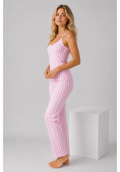Pijamask Kadın Pembe Beyaz Çizgili Askılı Pijama Takımı Pamuklu Yazlık Ev Giyim Beyaz