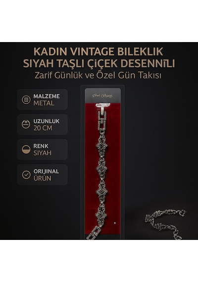 Kadın Vintage Bileklik Siyah Taşlı Çiçek Desenli Zarif Günlük Ve Özel Gün Takısı Siyah - Gümüş