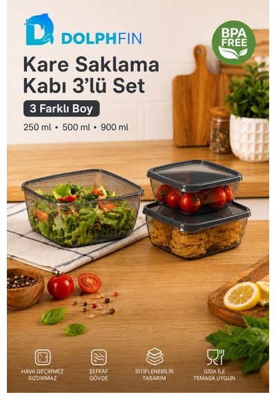 3 Lü Kare Saklama Kabı Seti 250 Ml 500 Ml 900 Ml Füme Şeffaf Bpa İçermez Siyah