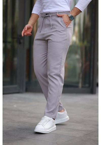 Defymoda Erkek Beli Bağcıklı Jogger Pantolon Gri