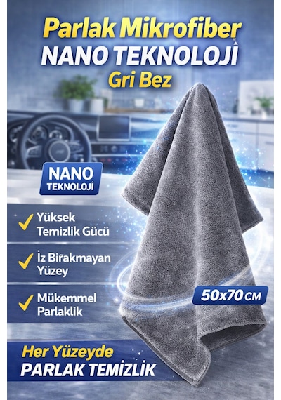 Parlak Mikrofiber Nano Teknoloji Temizlik Bezi 50x70 Gri