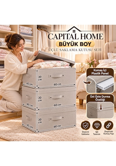 Capital Home 3'lü Set Çok Amaçlı Düzenleyici Hurç + Saklama Kutusu +kapaklı Büyük Boy 60 X 40 X 30 Cm Cappuccino