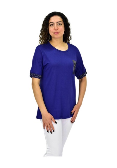 Caftan Kadın Kısa Kol Taşlı Bluz Bgl-st04709 Lacıvert