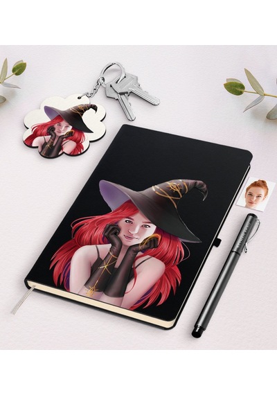 Kişiye Özel Kadın Cadı Karikatürlü Siyah Defter Kalem Ve Anahtarl N11.1091