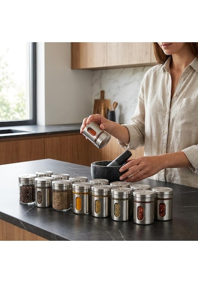 Deconox 12'li Metal Kaplı Cam Baharatlık Seti 60 Ml - Döner Başlıklı Paslanmaz Çelik Baharat Takımı Diğer