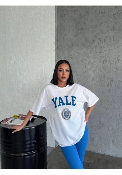 Kadın Kısa Kol Yazlık Tişört Bisiklet Yaka Yale Baskılı T-shirt - Beyaz