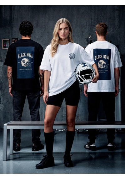 Black Nova Oversize Baskılı Unisex Tişört Nova Football Beyaz