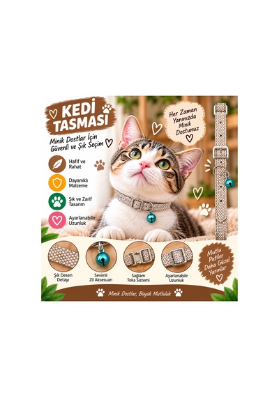 Kedi Tasması Bej File Dokulu Turkuaz Zilli Ayarlanabilir Metal Tokalı Kedi Boyun Tasması Kedi Tasması Bej File Dokulu Turkuaz Zilli Ayarlanabilir Metal Tokalı Kedi Boyun Tasması