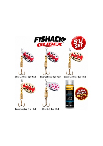 Fishack Glidex 5'li Döner Kaşık Seti + Klima Bombası - Silver Ladybug 5 Gr No:2 + Silver Ladybug 7 Gr No:3 + Golden Ladybug 5 Gr No:2 + Golden Ladybug 7 Gr No:3 + Silver Red