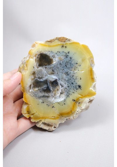 Bal-sarı Ve Buz-mavi Dendritik Opal Levha - Kuvars Jeot Boşlukları Ve Siyah Dendrit Tüyler, 377g