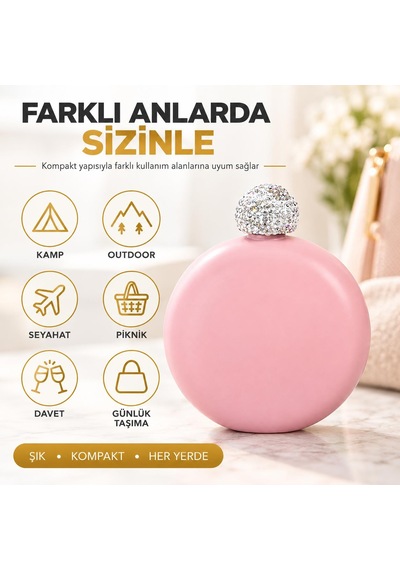 Lüks Taş İşlemeli Renkli Paslanmaz Çelik İçki Matarası 5 Oz 150 Ml. Cep Çanta Kamp Outdoor Hediyelik Pembe