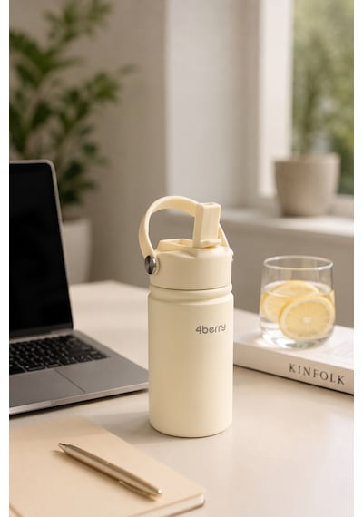 350 Ml Kulplu Pipetli Çelik Termos Bardak Bpa Free, Taşınabilir Mini Termos, Krem Renk