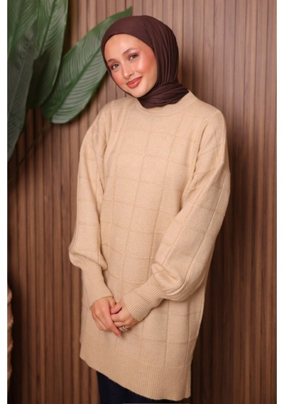 Balenbi Kare Dokulu Oversize Yumoş Tesettür Triko Tunik 7012 Bej