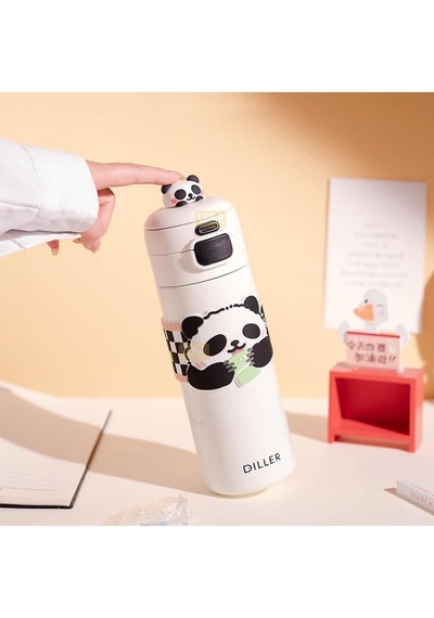 Diller 480ml Sevimli Hayvanlar Süslü Pipetli/pipetsiz El Askılı Paslanmaz Çelik Termos Panda