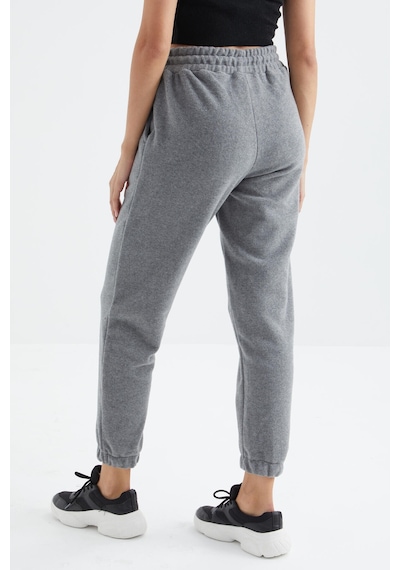 Gri Melanj Yüksek Bel Basic Bağcıklı Jogger Polar Kadın Eşofman Alt - 94622 GRİ MELANJ