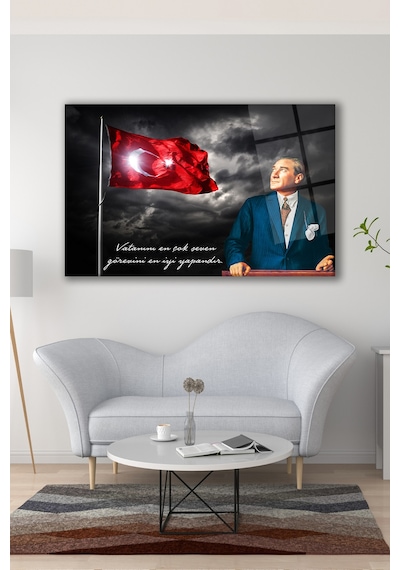 Atatürk Vatanını En Çok Seven Cam Tablo Evlika , Modern Ev İş Ofis Salon Duvar Dekoru , Hediyelik Tablo