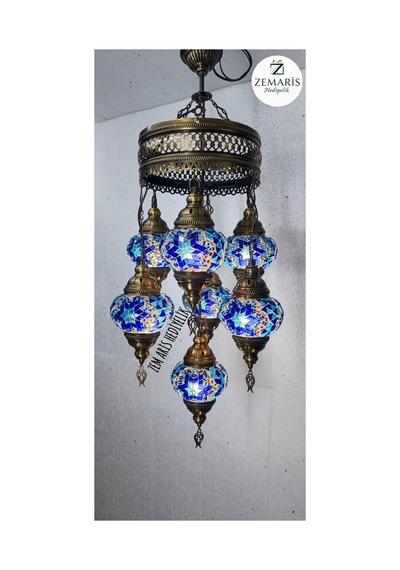 El Yapımı Otantik Mozaik 7 Li Avize Tavan Lambası Dekoratif Mavi - 786499679 Mavi