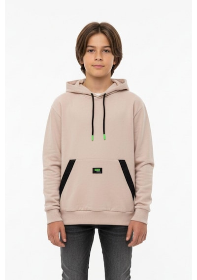 Kapüşonlu Kanguru Cepli 2 İplik Mevsimlik Erkek Çocuk Sweatshirt-90939 Bej