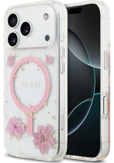 Apple Uyumlu iPhone 17 Pro Kılıf Guess Lisanslı M-safe Şarj Özellikli Transparan Resin Flowers Kapak Pembe Pembe