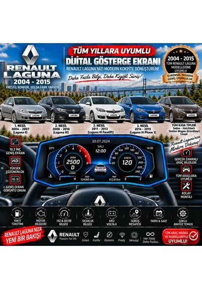 Renault Laguna 2004-2015 Uyumlu Digital Gösterge Odb Ekran Arıza Göstergesi Turbo Gösterge Hayalet Ekran