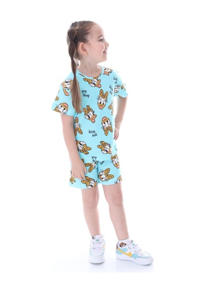 %100 Pamuk Interlok Kumaş Kısa Kollu Şortlu Kız Çocuk Pijama Takımı 3,4,5,6,7,8 Yaş Turkuaz