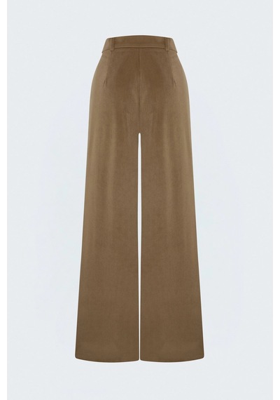 Sateen Yuksek Bel Kadife Pantolon Camel Taba