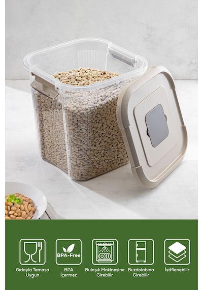 Vienev 4'lü 12 Litre Kare Çok Amaçlı Filtre Kapaklı Un Bakliyat Saklama Kabı Bej Bej