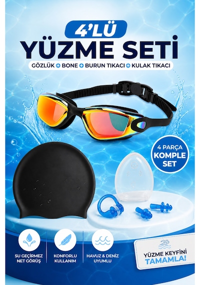 4'lü Yetişkin Aynalı Renkli Gözlük Yüzücü Seti Turuncu