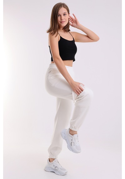 Winmoda34 Kadın Jogger Kalın 3 İplik Yandan Cepli Kargo Eşofman Altı Ekru