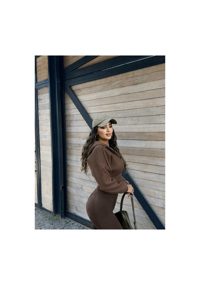 Evoa Kadın Kahve Oversize Kol Kapüşonlu Crop Hırka Kahverengi