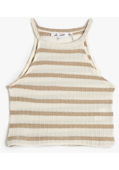 Koton Crop Halter Yaka Üst Kroşe Slim Fit Bej Çizgili 4sal30018ık Ekru