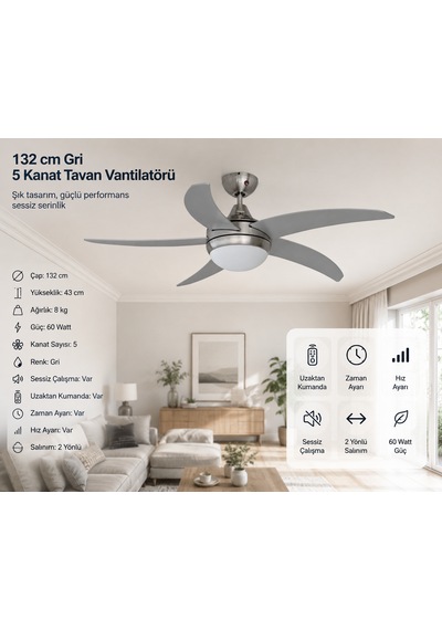132 Cm Gri 5 Kanatlı Tavan Vantilatörü Uzaktan Kumandalı Sessiz Çalışma Zaman Ayarlı 60 Watt
