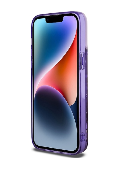 Apple Uyumlu iPhone 14 Pro Max Kılıf Guess Lisanslı Transparan Sıvılı Simli Altın Çizgili Kapak Mor