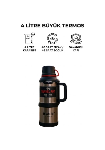 Kamp Dağ Balıkçılık Trekking Piknik Büyük Boy Termosu 4 Litre Çelik 48 Saat Sıcak Soğuk Muhafazalı Gri