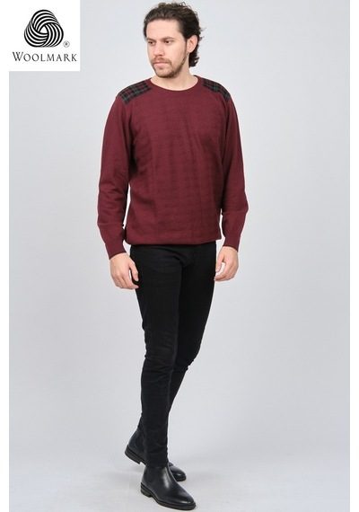 Desen Triko Erkek Bisiklet Yaka Saf Yün Kazak 0246537 Bordo Bordo