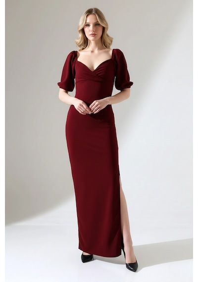 Defymoda Kadın Yırtmaçlı Şık Tasarım Krep Elbise Bordo