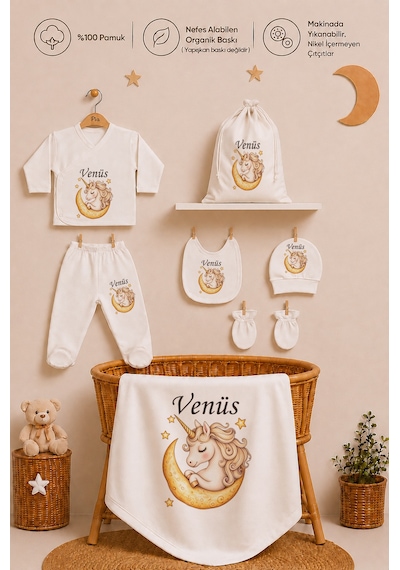 Pia Baby Kişiye Özel %100 Pamuk Kız Bebek Hastane Çıkışı Zıbın Seti 8 Parça Kese Hediyeli 1108zybkyx Krem
