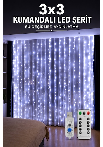 3x3 Metre Kumandalı Led Perde Işık Beyaz Usb 8 Modlu Dekoratif Aydınlatma