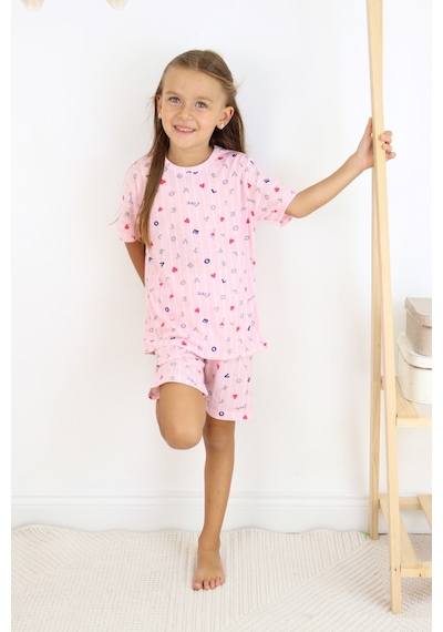Kız Çocuk Pamuklu Penye Kumaş Şortlu Pijama Takımı Beyaz - Pembe