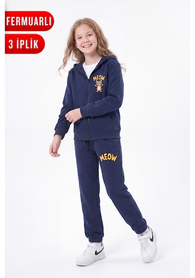 Fyk Kids 3 İplik Baskılı Fermuarlı Kız Çocuk Eşofman Takımı Lacivert