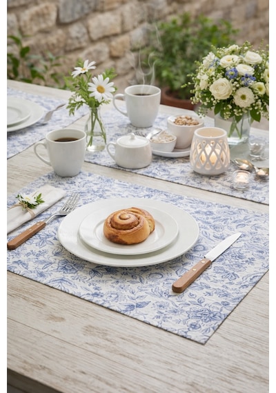 Mavi Beyaz Bohem Tarz Çiçek Desenli Sofra Sunum Altlığı 6 Lı Set - 30x40 Cm Supla & Amerikan Servis