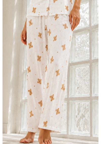 Kadın Genç Loose İpliği Boyalı Kırık Beyaz Pijama Takımı