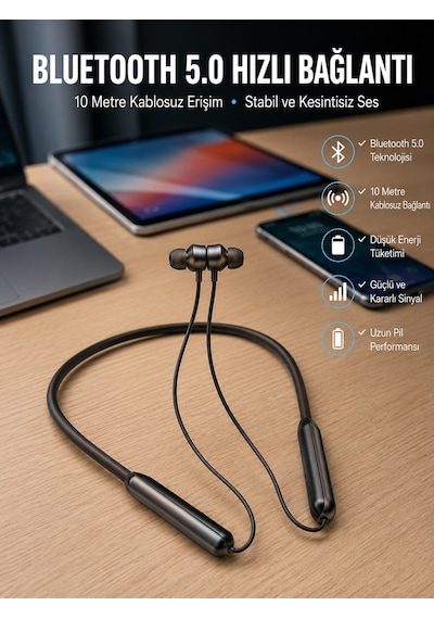 Dijital Göstergeli Kulak İçi Kablosuz Bluetooth Kulaklık Boyun Bantlı Yeni Nesil - Lisinya