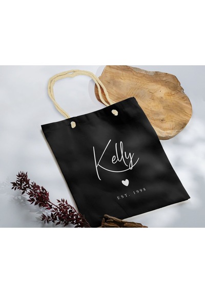 Bk Gift Kişiye Özel İsimli Tarihli Siyah Halat Saplı Kumaş Bez Çanta-1, Baskılı Omuz Çantası, Alışveriş Çantası, Arkadaşa Hediye Fuşya