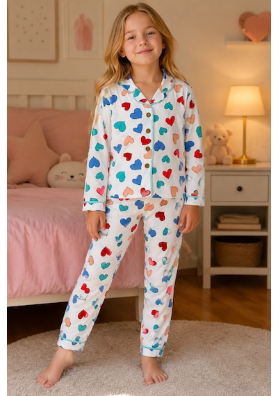 Beniizle Kız Çocuk Kalp Desenli Uzun Kollu Pijama Takımı Düğmeli Üst Alt 2 Li Ev Giyim Seti Beyaz Beniizle Kız Çocuk Kalp Desenli Uzun Kollu Pijama Takımı Düğmeli Üst Alt 2 Li Ev Giyim Seti Beyaz