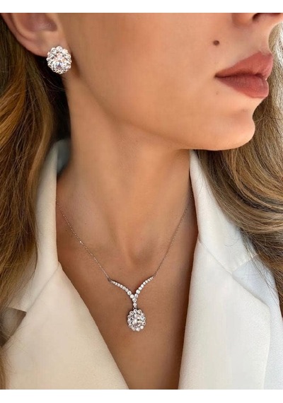 Mel's Accessories Gümüş Zirkonyum Taş Kaplama Kolye Küpe Set Model Çok Renkli
